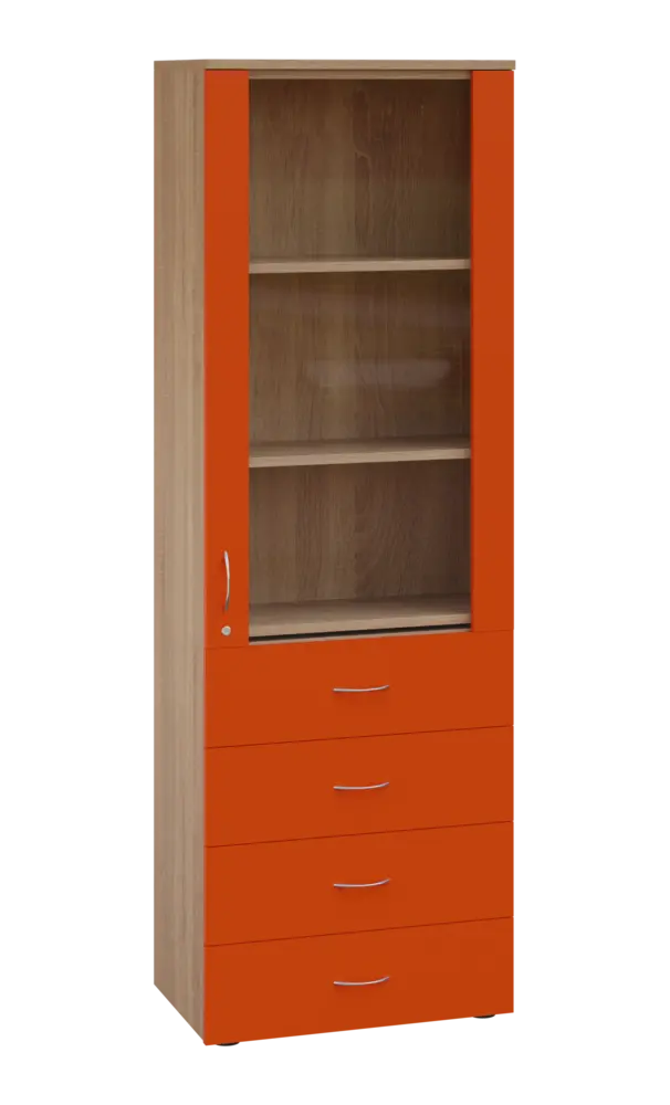 LE - 64 skříň léková prosklená, pravá, korpus dub bardolino, dvířka mandarinka